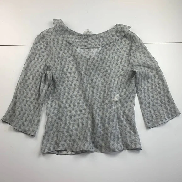 SOLD Armani Collezioni Vintage Y2K Gray 3/4 Crop Sleeve Ruffle Neck Sheer Silk - Picture 3 of 14